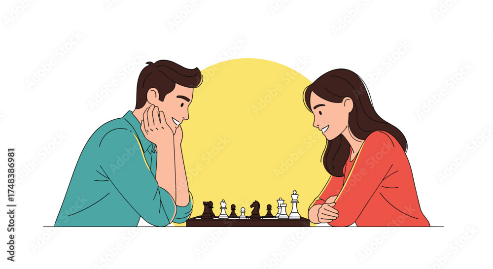 Fototapeta premium A couple playing chess in front of a yellow sun.