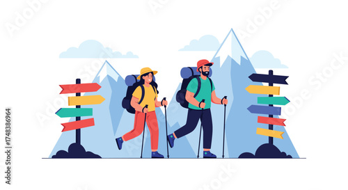 Two hikers walking towards mountain peaks with directional signs.