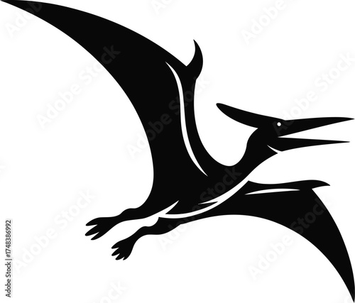 Black pterodactyl illustration in flight a modern graphic design on transparent background silhouette