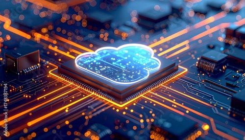 IoT and Cloud Computing Concept with Glowing Circuit Board Macro Visualization