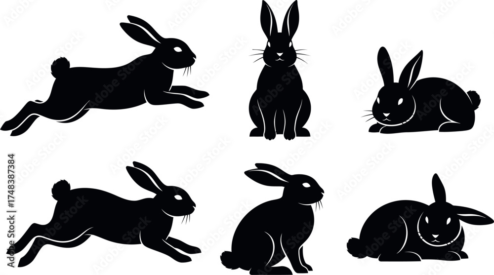 Obraz premium Six Black Rabbit Silhouettes in Various Poses bunny