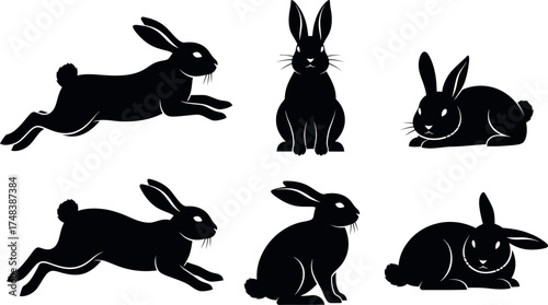 Six Black Rabbit Silhouettes in Various Poses bunny