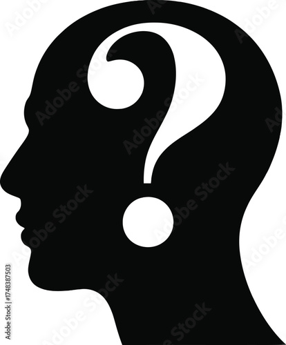 Human head profile with a question mark inside on transparent background silhouette