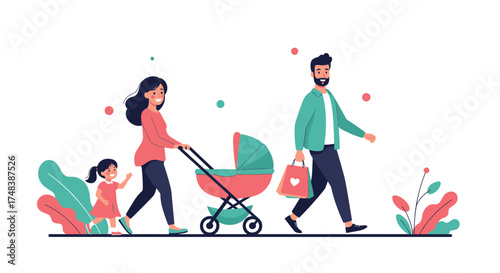 A happy family with a stroller walks in the park.