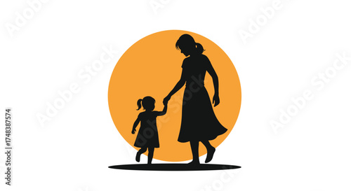 A mother and child walking hand in hand during sunset.