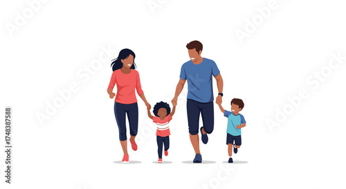 A diverse family running and holding hands happily together.