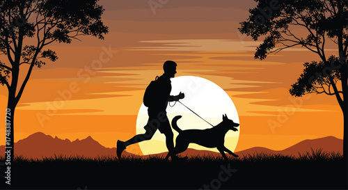 A person and their dog running during a beautiful sunset.