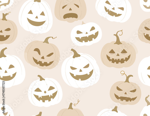 Vector seamless pattern of jack-o’-lantern faces with funny and scary expressions.Perfect for festive packaging, textiles, wrapping paper, and seasonal graphic design projects.