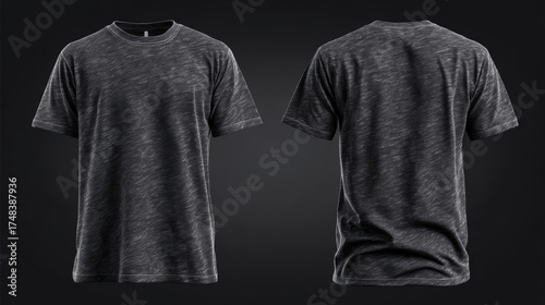 Front and back view of black t shirt mockup. Stylish casual blank apparel with crew neck and short sleeve showing unique acid wash texture for vintage design