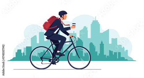 A businessman cycles through a city with a coffee.
