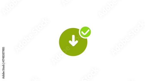 Green circle download arrow icon animation with checkmark appearing. File transfer complete. Success notification. Data storage concept.