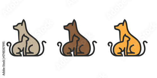 Set of three stylized cat icons in different colors (grey, dark brown, and orange) sitting with their tails up. Excellent for pet shops, animal rescue, vet services, or feline-themed projects.