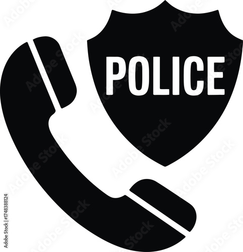 Black police badge and phone icon design on transparent background silhouette