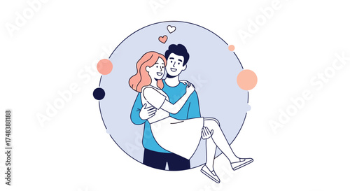 A man carrying a woman in his arms with hearts above them.