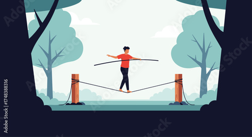 A person is balancing on a slackline between two trees in a forest.