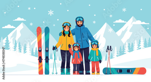 Happy family enjoying a winter ski vacation in the snowy mountains.