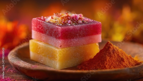 Colorful Indian sweets stacked on a wooden plate with turmeric powder.