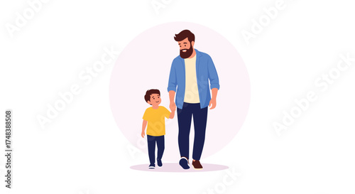 A father and son walking hand in hand during the day.