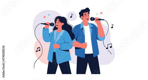 A man and a woman singing together with microphones.