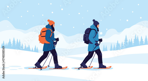 Two people snowshoeing through a snowy landscape during winter.
