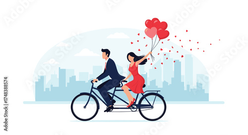 A couple enjoys a romantic bike ride with balloons.