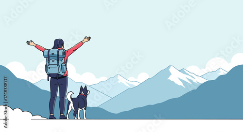 A hiker and their dog enjoy a scenic mountain vista.