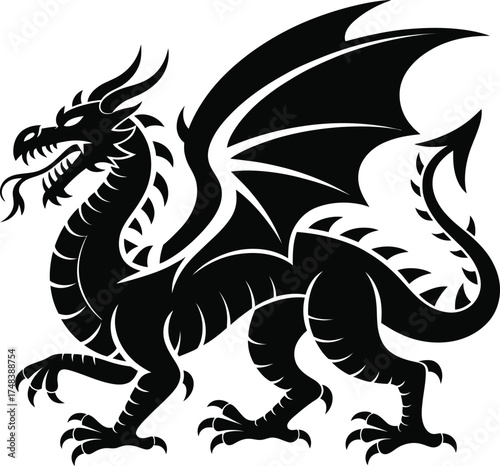 Detailed black dragon design with wings and claws on transparent background silhouette