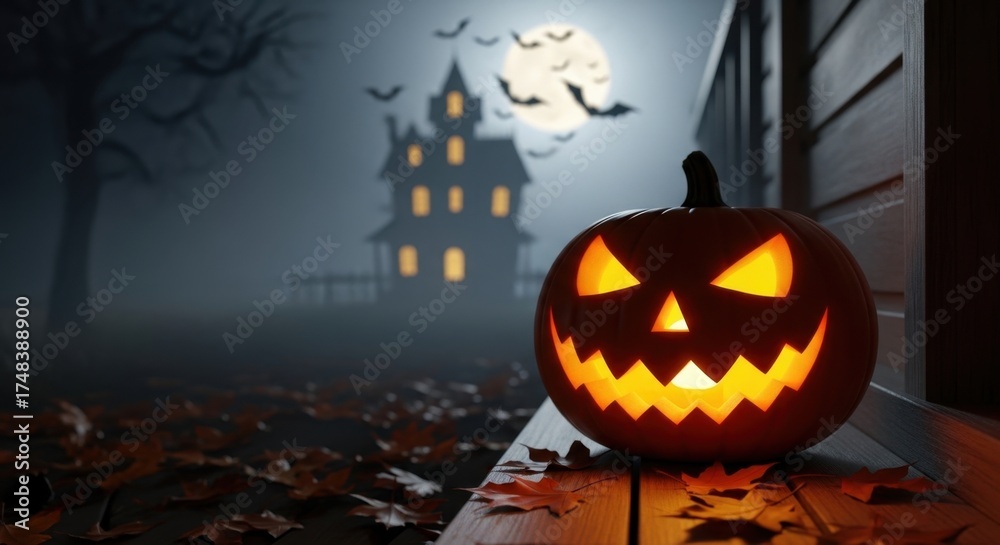 Fototapeta premium Spooky Jack O Lantern Glowing on a Misty Halloween Night Near a Haunted House