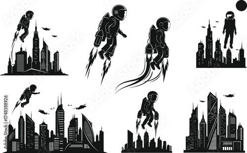 Futuristic jetpack astronaut silhouettes, sci‑fi city skyline panels, flying space explorers, urban metropolis illustration, visionary science fiction artwork, modern skyscraper architecture concept