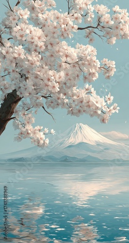 Serene Springtime Landscape with Cherry Blossoms and Mountain.