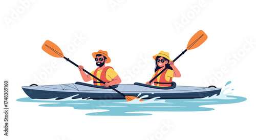 Two people enjoying a tandem kayak adventure on a sunny day.