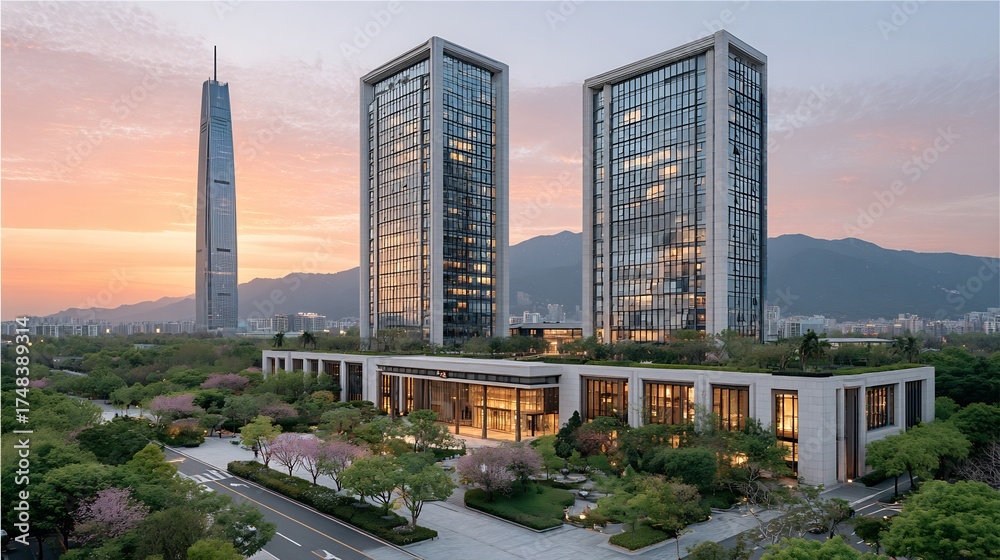 Obraz premium Modern buildings stand tall amidst lush greenery, bathed in the warm glow of the setting sun.