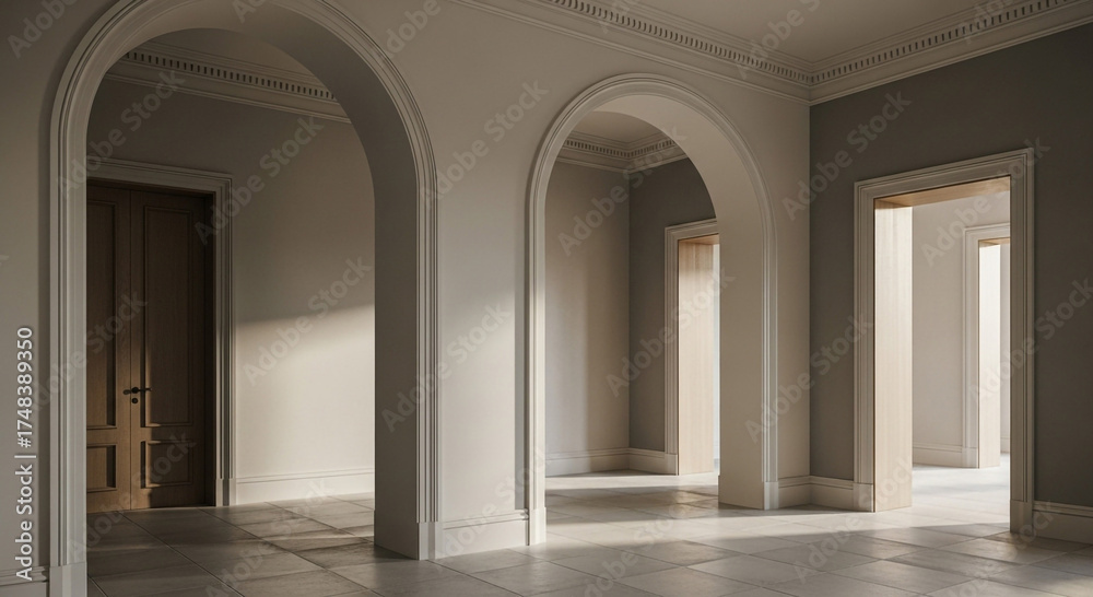 Fototapeta premium Elegant arches and doorways create a serene, light-filled interior space perfect for luxury real estate, architectural design, or upscale living concepts