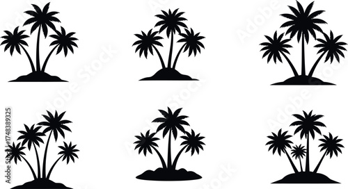 Six black silhouette palm trees on white background