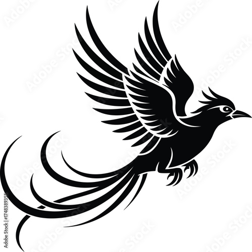 Elegant black phoenix with spread wings a striking silhouette on transparent background