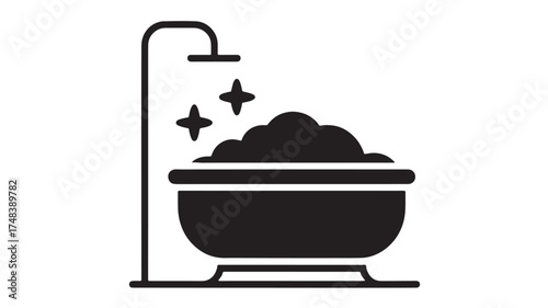 Bubbling bath with showerhead and sparkles, symbolizing relaxation and cleanliness.