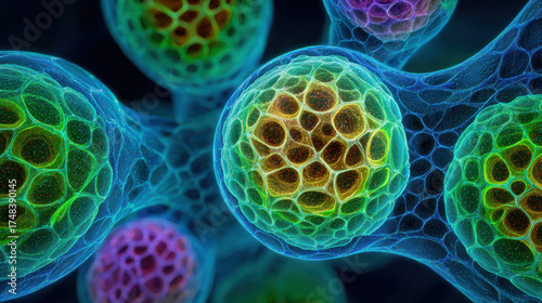 Glowing abstract background of microscopic cell in biology. This science image shows vibrant organism and molecule with sense of wonder at life complexity