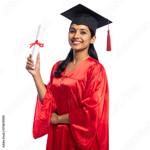 Indian Graduate Woman Celebrating Achievement with Diploma, Red Robe PNG