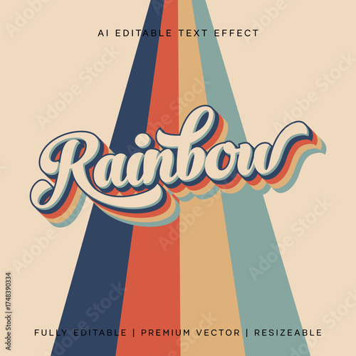 Fully Editable Text Effect Style, Vintage 70s Rainbow Editable Text Effect - Retro Script Typography with Groovy Stripes Background