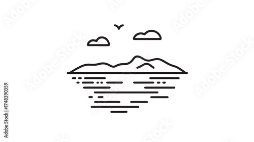 Minimalist outline of serene islands and calm water under a cloudy sky with a bird in flight.