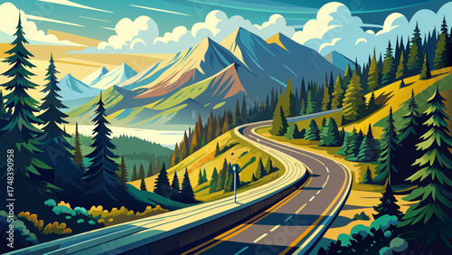 Very beautiful old road climbing Snoqualmie Pass along National Forest NF 58, vector-style illustration highlighting winding paths, evergreen forests, and nostalgic mountain scenery.