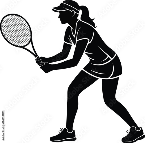 Female tennis player in action pose black silhouette on transparent background
