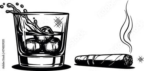 Whiskey Glass With Ice And Cigar drink