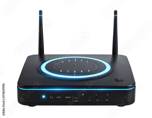 Wireless Router with Blue LED Lights, Front Angle Close-Up PNG