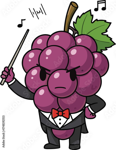 Cartoon grape conductor, fruit character in tuxedo, funny grape mascot, musical fruit illustration, anthropomorphic grape artwork, orchestra conductor design, playful vector