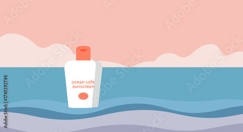 Ocean safe sunscreen, protective mood, beach scene with gentle waves and pastel colors