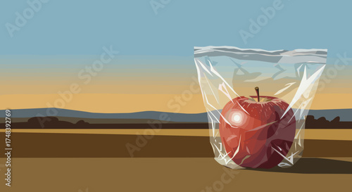 Plastic wrapped apple, contrasting mood, still life showcasing environmental concerns in nature