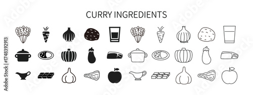 Curry Ingredients Icon Set, Editable Line Icons and Solid Icons
