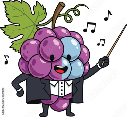 Cartoon grape conductor, fruit character in tuxedo, funny grape mascot, musical fruit illustration, anthropomorphic grape design, orchestra artwork, playful vector character