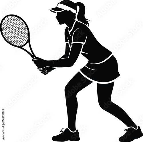 Female tennis player in action pose sporty illustration on transparent background silhouette